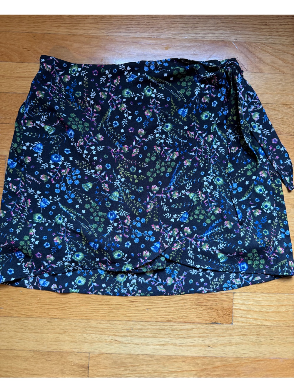 DR2 Floral Faux Wrap Mini Skirt in Black with Multicolor Print